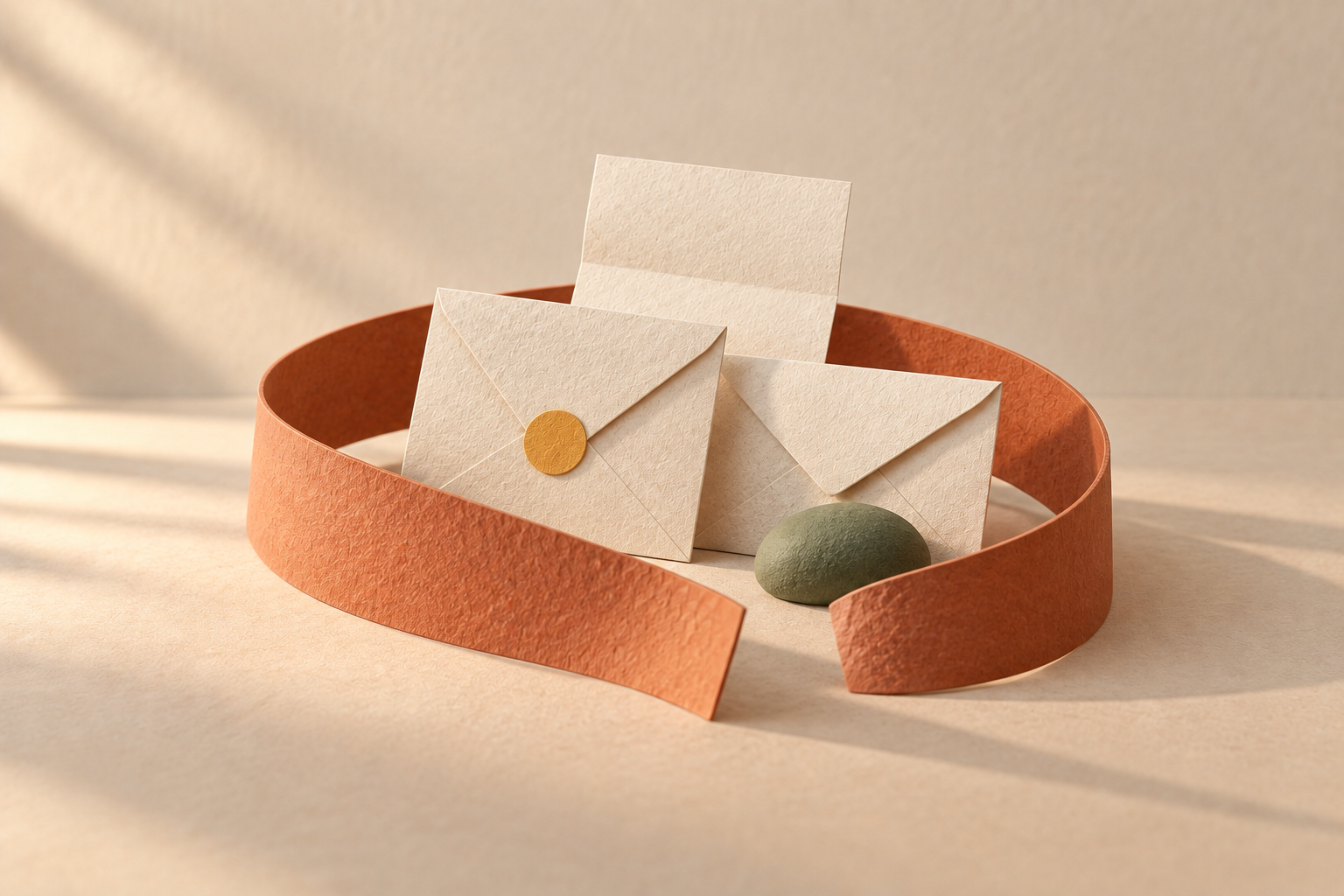 Ivory envelopes and a letter gathered in a terracotta paper loop with a moss-green pebble.